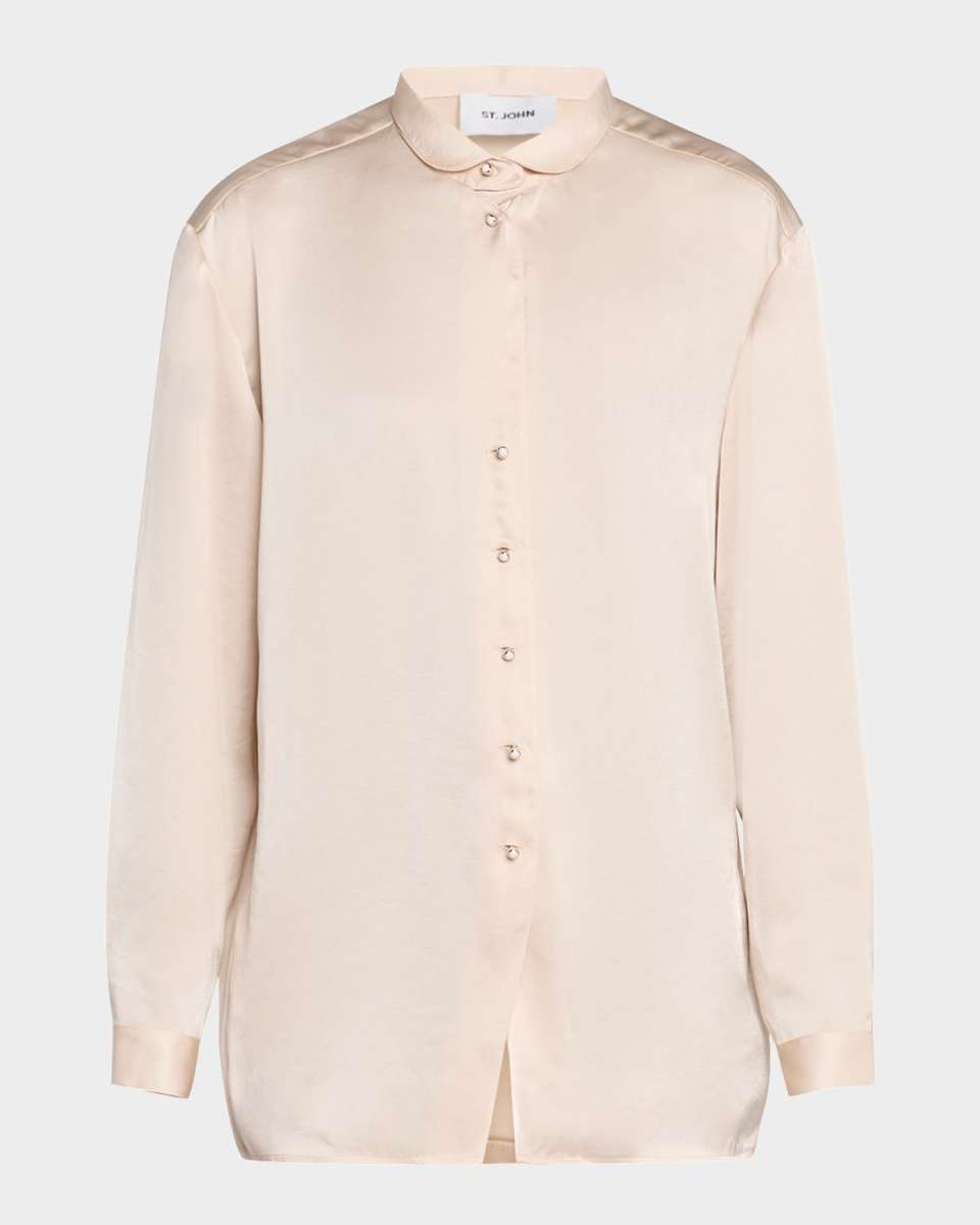 Embellished Washed Satin Button-Down Blouse